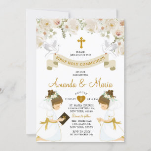 Twin Girls White Floral Gold Erste heilige Kommune Einladung