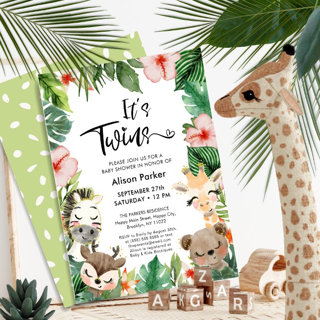 Twin Jungle Safari Tropische Vegetation Kinderdusc Einladung (Von Creator hochgeladen)