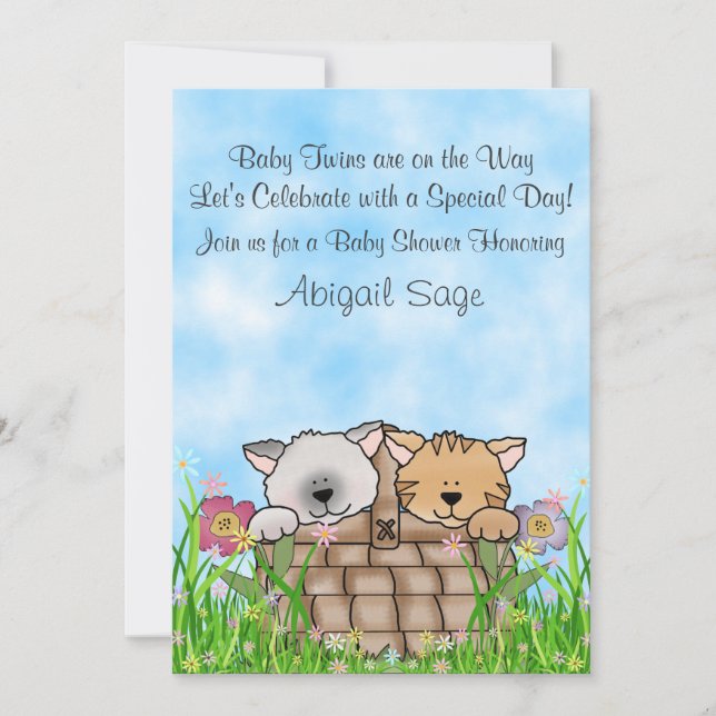 Twin Kittens et Flowers Baby shower Invitation (Devant)