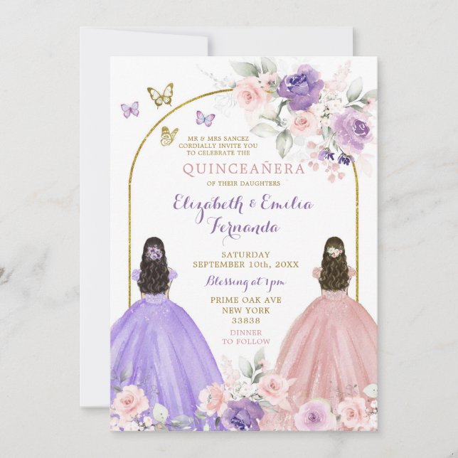 Twin Lilac und Blush Pink Quinceñera Prinzessinnen Einladung (Vorderseite)