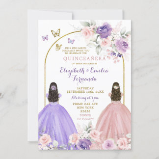 Twin Lilac und Blush Pink Quinceñera Prinzessinnen Einladung