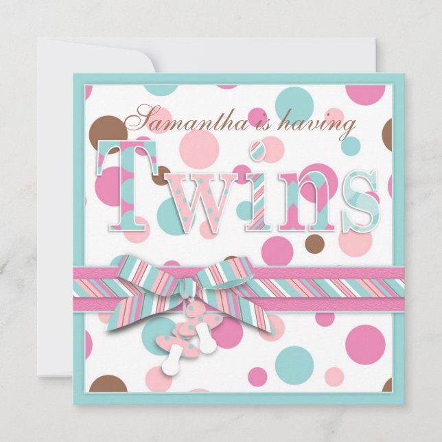 TWIN MÄDCHEN Pink Aqua Brown Dots Baby Dusche Einladung (Vorderseite)