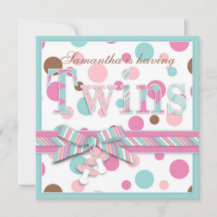 TWIN MÄDCHEN Pink Aqua Brown Dots Baby Dusche Einladung
