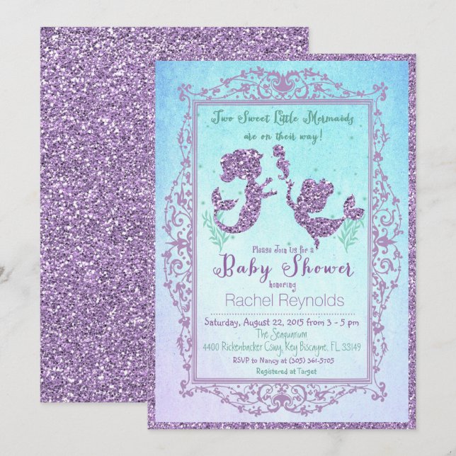 TWIN Mermaid unter der Sea Baby Shower Einladung (Vorne/Hinten)
