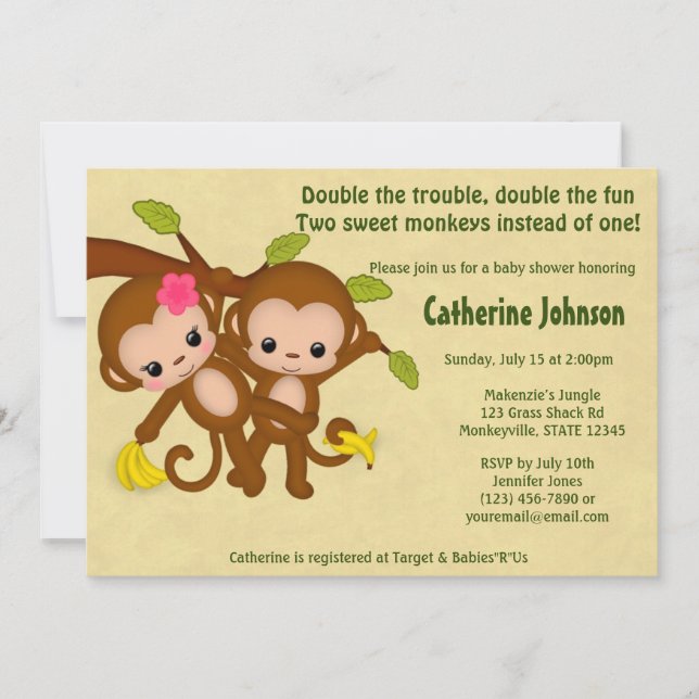 TWIN Monkeys Baby Shower Invitations GARDE FILLE (Devant)