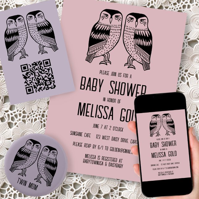 Twin Owls Niedlich Simple Chic BABY SHOWER CUSTOM Einladung (Twin owls custom baby shower invitation - digital or print. Matching thank you notes, enclosure card)