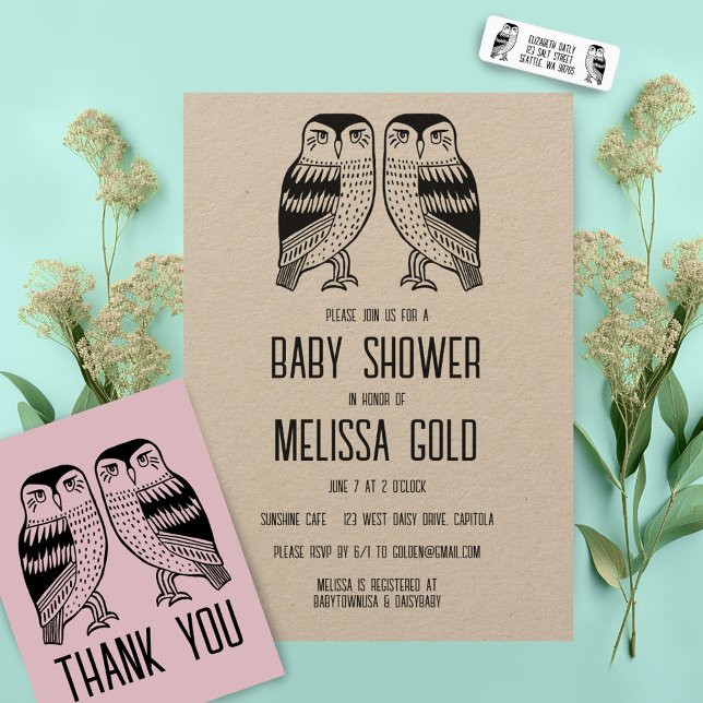 Twin Owls Niedlich Simple Chic CUSTOM Vielen Dank Karte (Twin owls thank you card plus matching baby shower invitations and more )