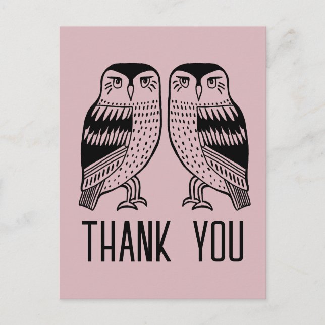 Twin Owls Niedlich Simple Chic CUSTOM Vielen Dank Postkarte (Vorderseite)
