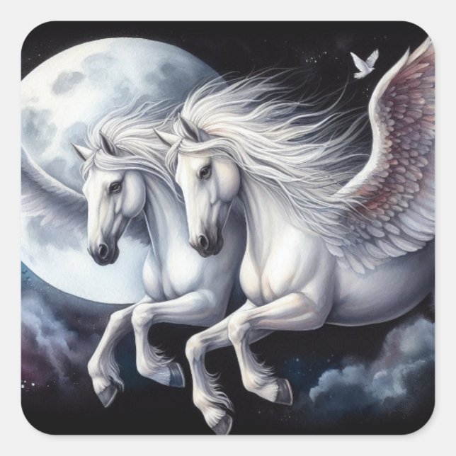 Twin Pegasus Fliegen vor dem Mond Quadratischer Aufkleber (Vorderseite)