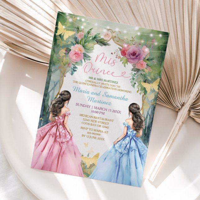 Twin Pink Blue Dress Floral Prinzessin Mis Quince Einladung (Von Creator hochgeladen)