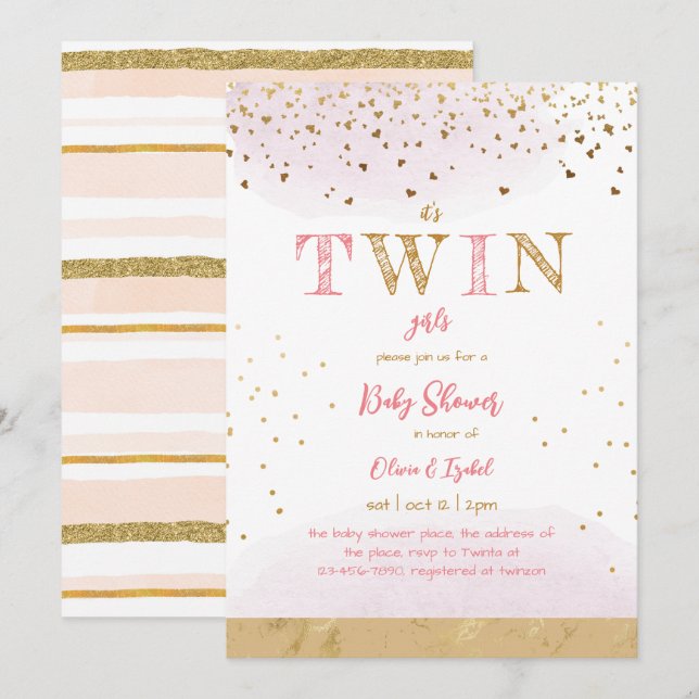 Twin Pink Gold Glitzer Simple Baby Girl Dusche Einladung (Vorne/Hinten)