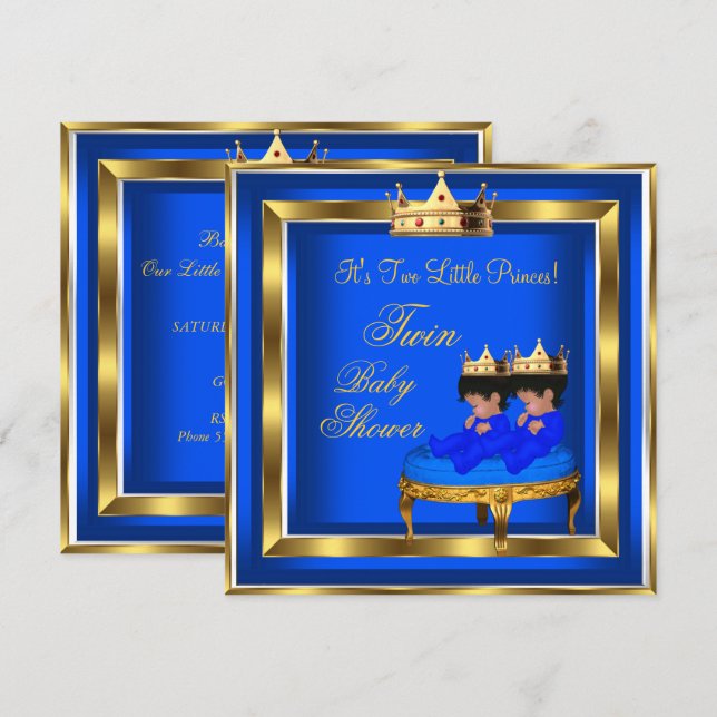 Twin Prince Baby Dusche Royal Blue Gold Boy Crown Einladung (Vorne/Hinten)