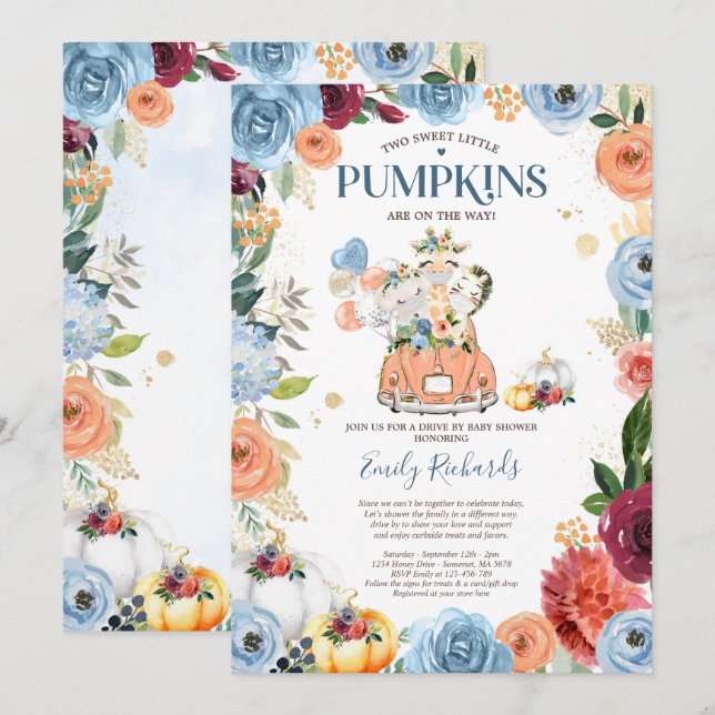Twin Safari Animals Pumpkin Drive By Baby Shower Einladung (Vorne/Hinten)