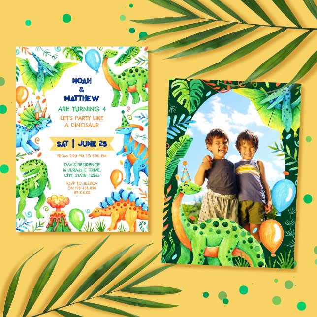 Twin Siblings Joint Dinosaur Birthday Boys Foto Einladung (Twin Siblings Joint Dinosaur Birthday Boys Photo Invitation)