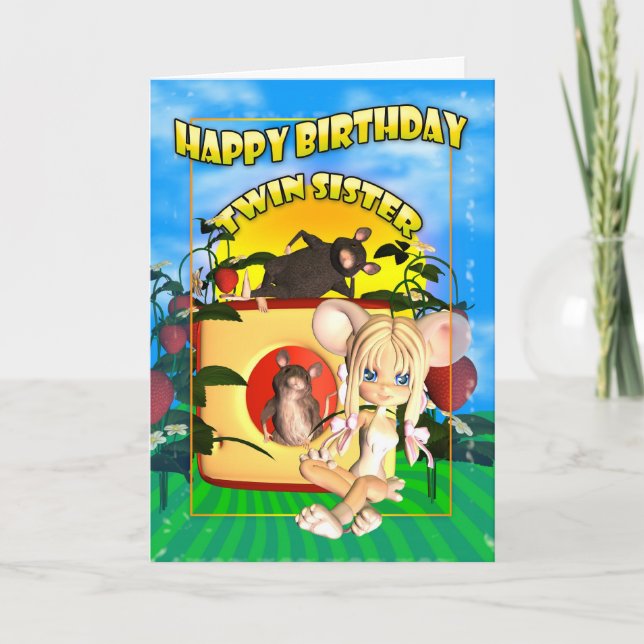 Twin Sister Birthday Card Süsse Pie Maus mit mi Karte (Vorderseite)