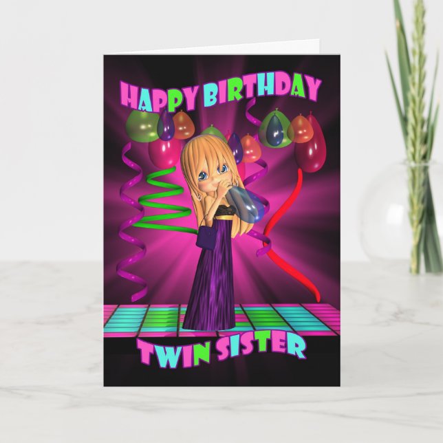 Twin Sister Happy Birthday mit Niedlicher kleiner  Karte (Vorderseite)