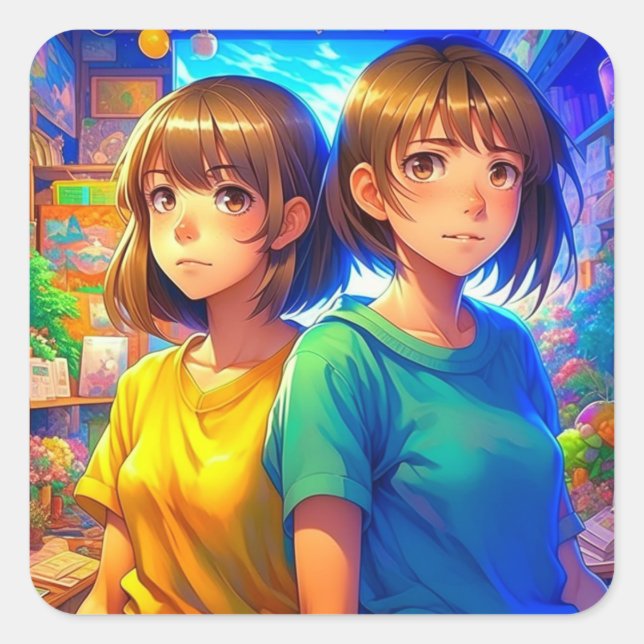 Twin Sisters | Anime Girls Quadratischer Aufkleber (Vorderseite)