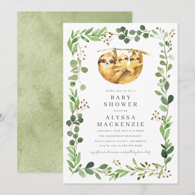Twin Sloth Baby Shower Invitation (Devant / Derrière)