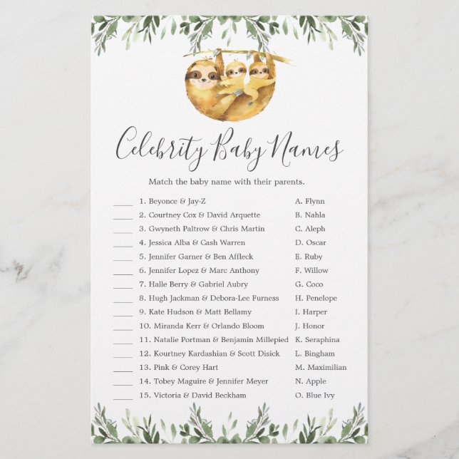 Twin Sloths Baby Shower Celebrity Baby Names Game (Vorderseite)