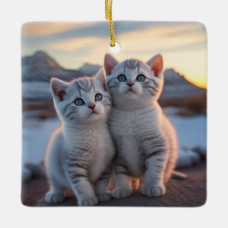 Twin Snowy Mountain Winter Kittens Keramikornament