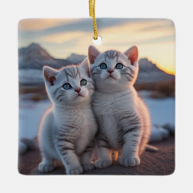 Twin Snowy Mountain Winter Kittens Keramikornament (Vorderseite)