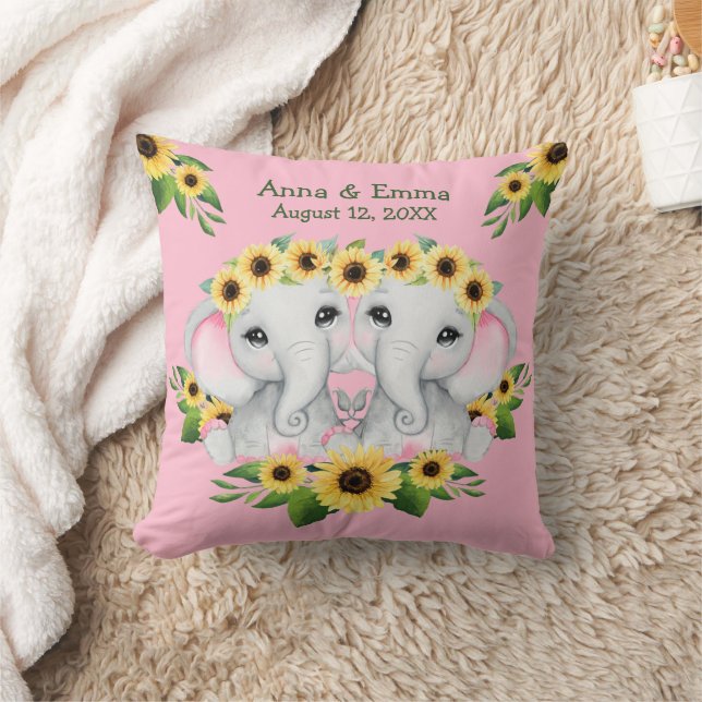 Twin Sunflower Baby Elephant Girls Kissen (Decke)