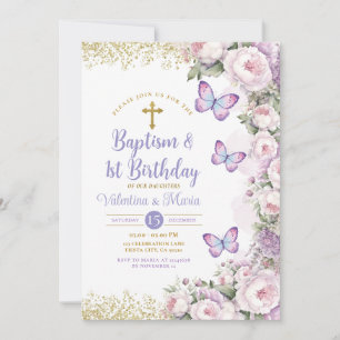 Twin Taufe & 1. Geburtstag Lila Blumenkreuz Einladung