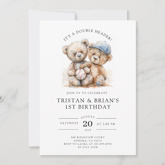 Twin Teddy Bear Watercolor Boy's 1st Birthday  Einladung (Vorderseite)