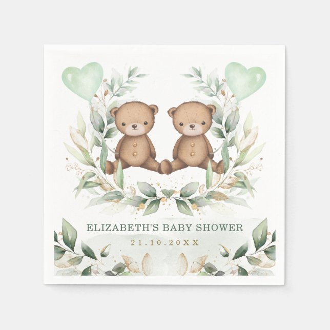 Twin Teddy Bears Greenerity Gold Balloon Baby Show Serviette (Vorderseite)