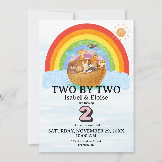 TWIN Two by Two Noah's Ark Girl Birthday Invite (Vorderseite)