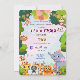 Twin Wild Animals Party Invitation
