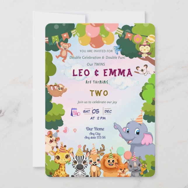 Twin Wild Animals Party Invitation (Devant)