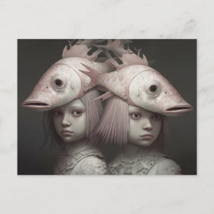 Twin with Pink Fish on Heads Horror AI Art Postkarte