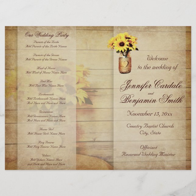 Twine Wrapped Mason Jar Sunflower Wedding Program (Vorderseite)