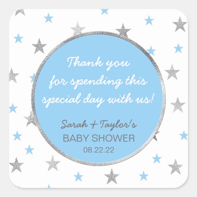 Twinkle Baby Dusche bevorzugt Aufkleber, blau silb Quadratischer Aufkleber (Vorderseite)
