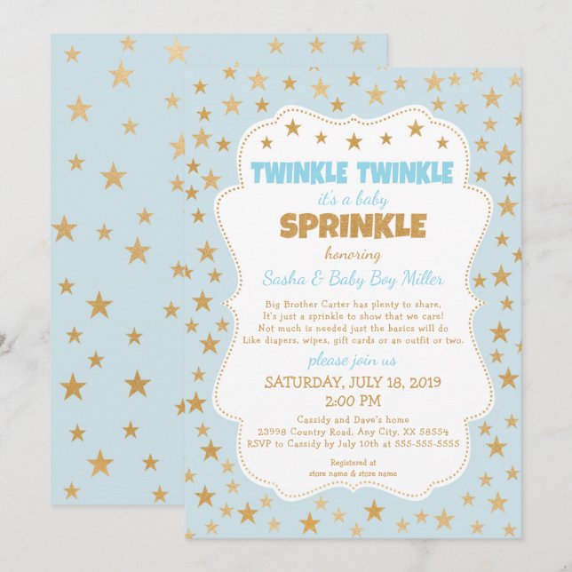 Twinkle Baby Sprinkle blauer Goldstar Einladungen (Vorne/Hinten)