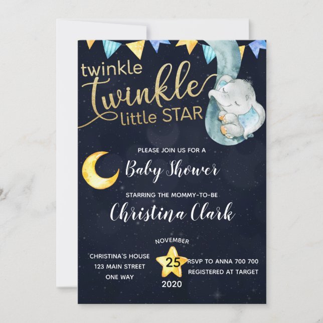 Twinkle Elephant Moon & Stars Kinderdusche Einladung (Vorderseite)