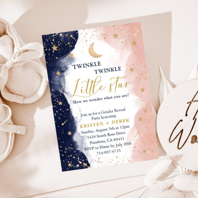 Twinkle Gender Reveal, Navy Blue und Blush Pink Einladung (Von Creator hochgeladen)