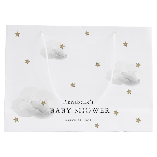 Twinkle Gold Stars & Gray Clouds Kinderdusche Große Geschenktüte (Rückseite)