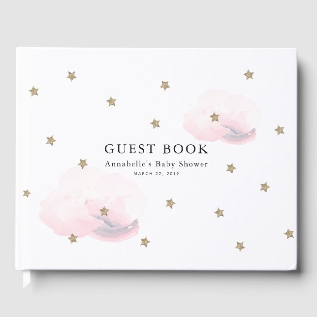 Twinkle Gold Stars & Pink Clouds Kinderdusche Gästebuch (Vorderseite)