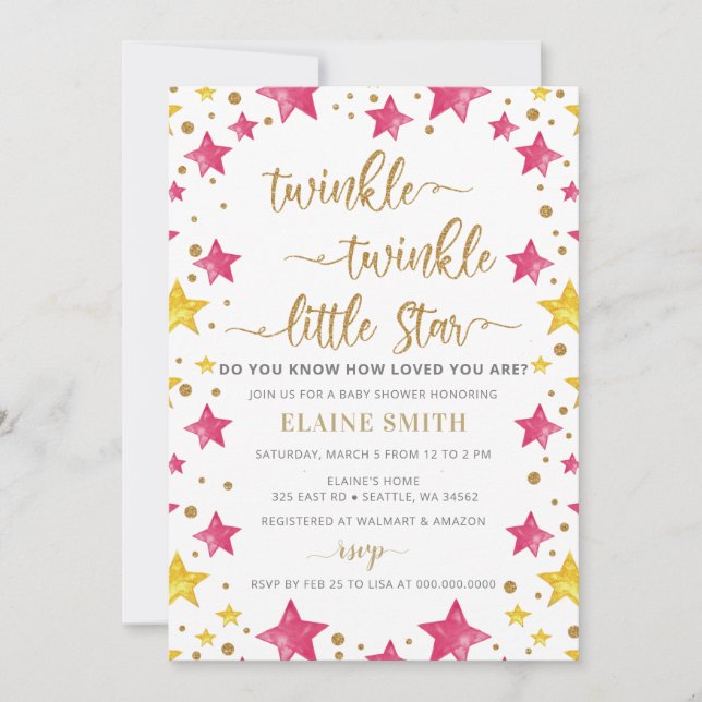 Twinkle kleine Star Gold Pink Girl Babydusche Einladung (Vorderseite)