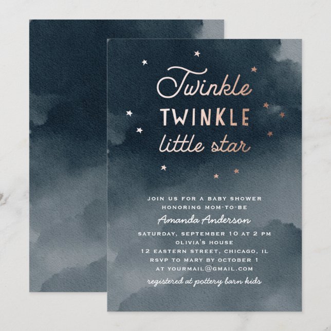 Twinkle kleiner Stern. Aquarellbrasse Babydusche Einladung (Vorne/Hinten)