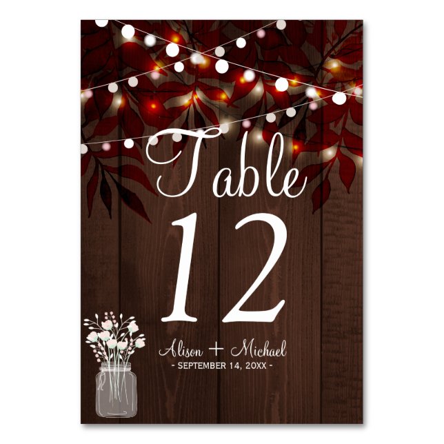 Twinkle Lichter rustikale Herbstmassage Glas Hochz Tischnummer (Vorderseite)