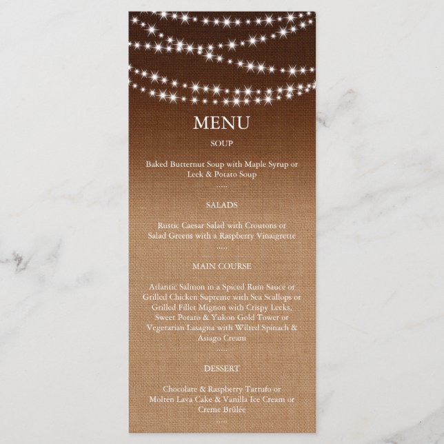 Twinkle LIghts Menu auf Schattiertem Burlap Menükarte (Vorderseite)