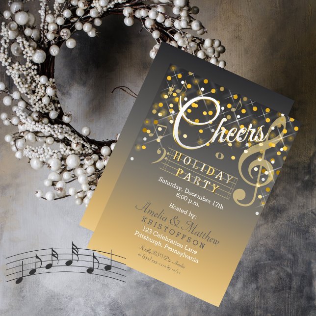 Twinkle Lights Music Theme Cheers Holiday Party Einladung (Cheers Christmas Holiday Party in Gray and Gold Tone)