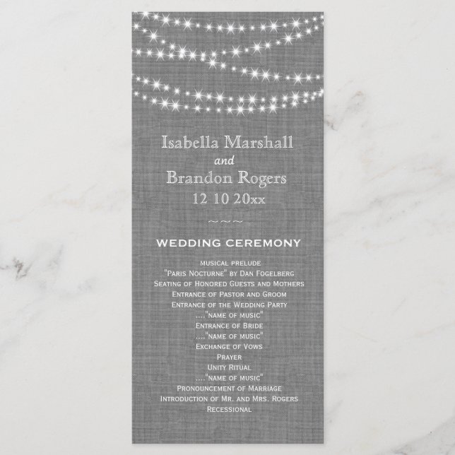 Twinkle Lights on Grey Burlap Wedding Programme (Devant)