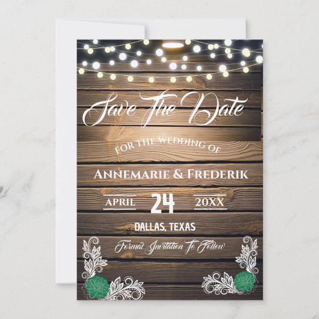 Twinkle Lights Rustic Wood Lace Save The Date (Vorderseite)