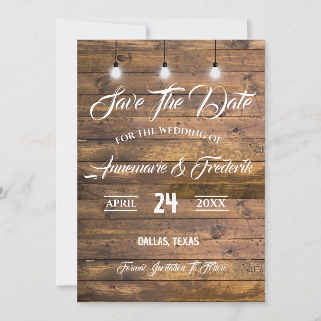 Twinkle Lights Rustic Wood Lace Save The Date (Vorderseite)