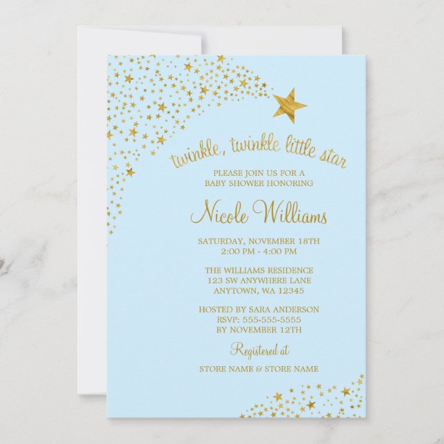 Twinkle Little Shooting Star Gold Blue Baby Dusche Einladung (Vorderseite)