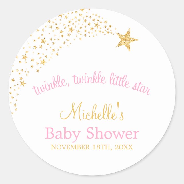 Twinkle Little Shooting Star Gold Pink Baby Dusche Runder Aufkleber (Vorderseite)